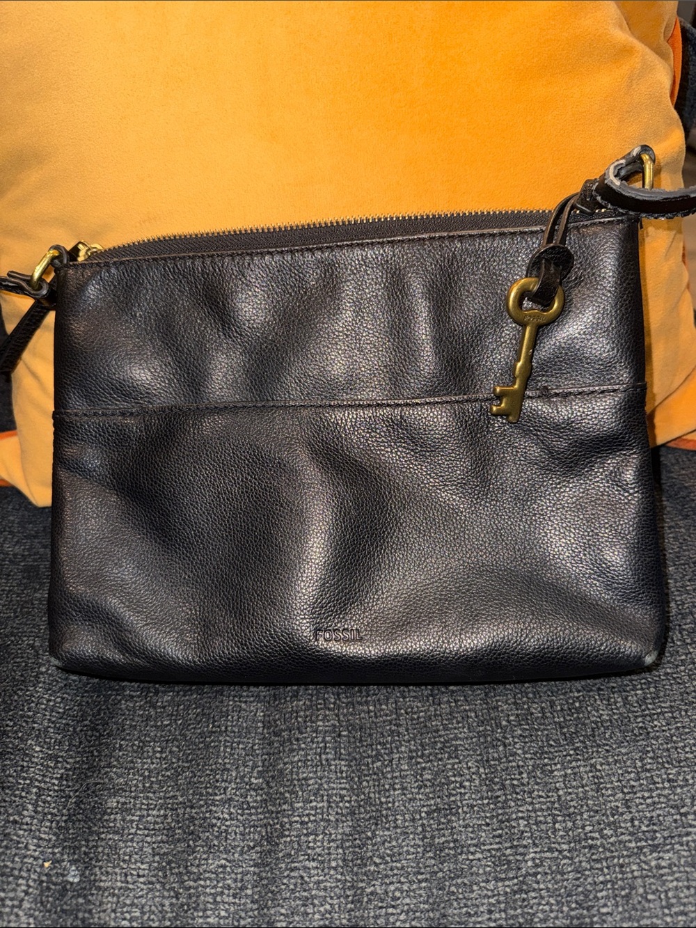 Fossil Black Leather Crossbody with Brass Key Charm